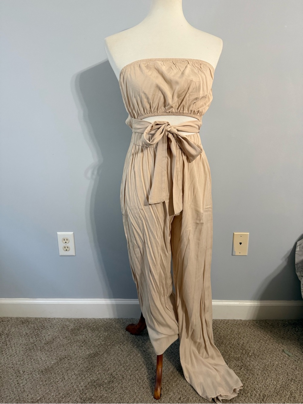Strapless Beige Wide-Leg Jumpsuit with Waist Tie